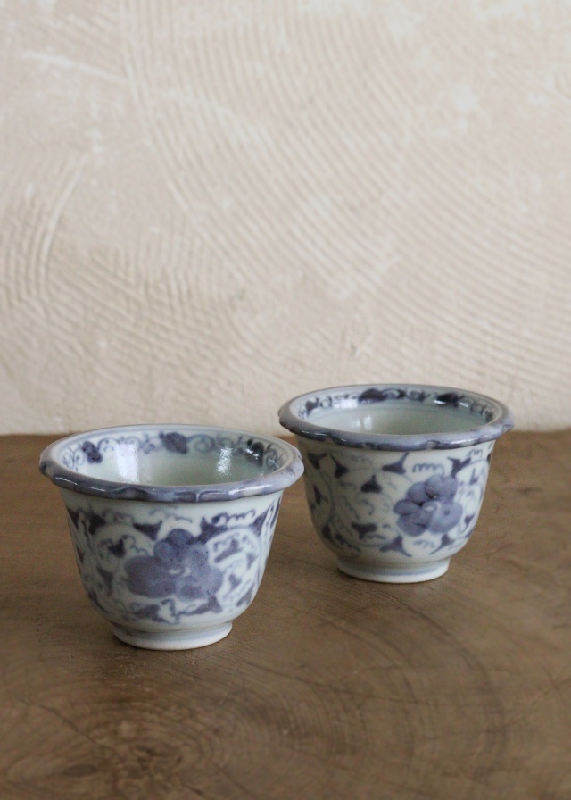 古伊万里 染付微塵唐草文向付 十客揃い 成化年製 納箱付 蕎麦猪口 古器