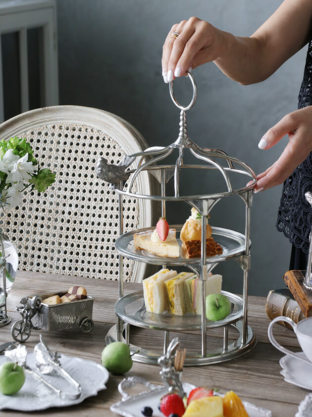 Pewter2段ケーキスタンドBird Cage