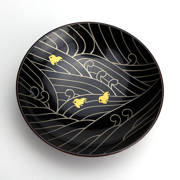 吸物椀お椀-【手描き蒔絵・消し蒔絵】越前塗 波に千鳥 溜 吸物椀［5客