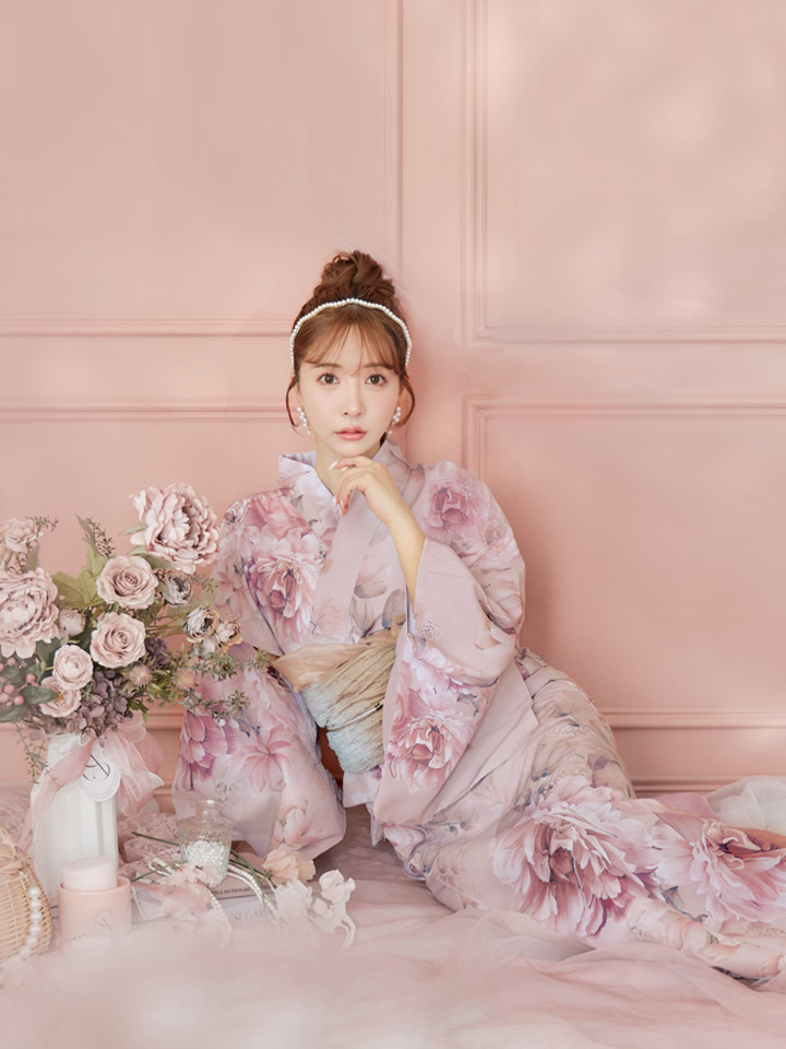 即日発送】くすみピンクアンティークフラワー浴衣【浴衣3点セット