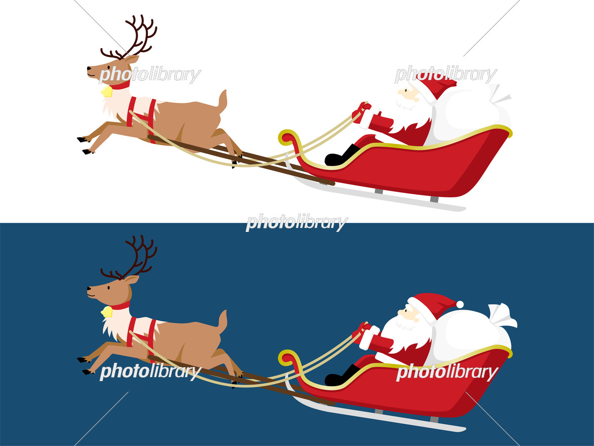 空を飛ぶトナカイのソリに乗ったサンタクロース クリスマスのイラスト