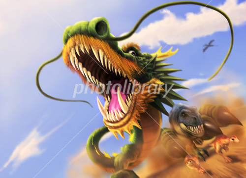 凶暴なティラノサウルスを踏みつける龍 イラスト素材 [1625808
