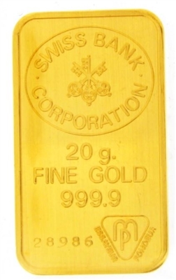 Swiss Bank Corporation 20 Grams Minted 24 Carat Gold Bullion Bar