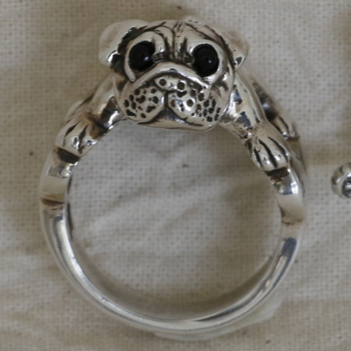 パグ犬リング－いぬシリーズ 干支「戌」 silver925 天然石オニキス