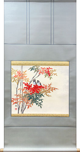 花鳥の掛け軸 出口華凰作 南天に雀