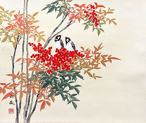 花鳥の掛け軸 出口華凰作 南天に雀