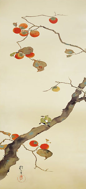 有名作家の掛け軸 酒井抱一作 柿に小禽図【本格ミニ掛軸】ミニサイズ