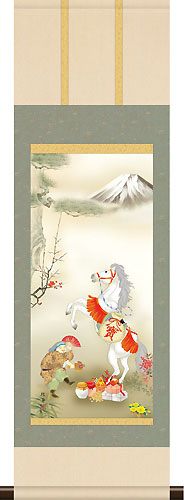 開運・鯉の滝登り 長江桂舟作 跳馬吉祥図 干支の掛け軸 午年/馬 令和8