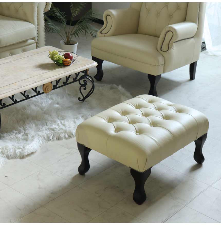 チェスターフィールド オットマン スツール アイボリーレザー