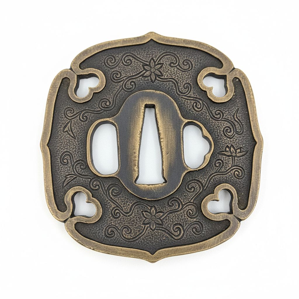 日本刀 鍔（つば）刀装具 鐔 木瓜形 猪目透かし 唐草文様 - メルカリ