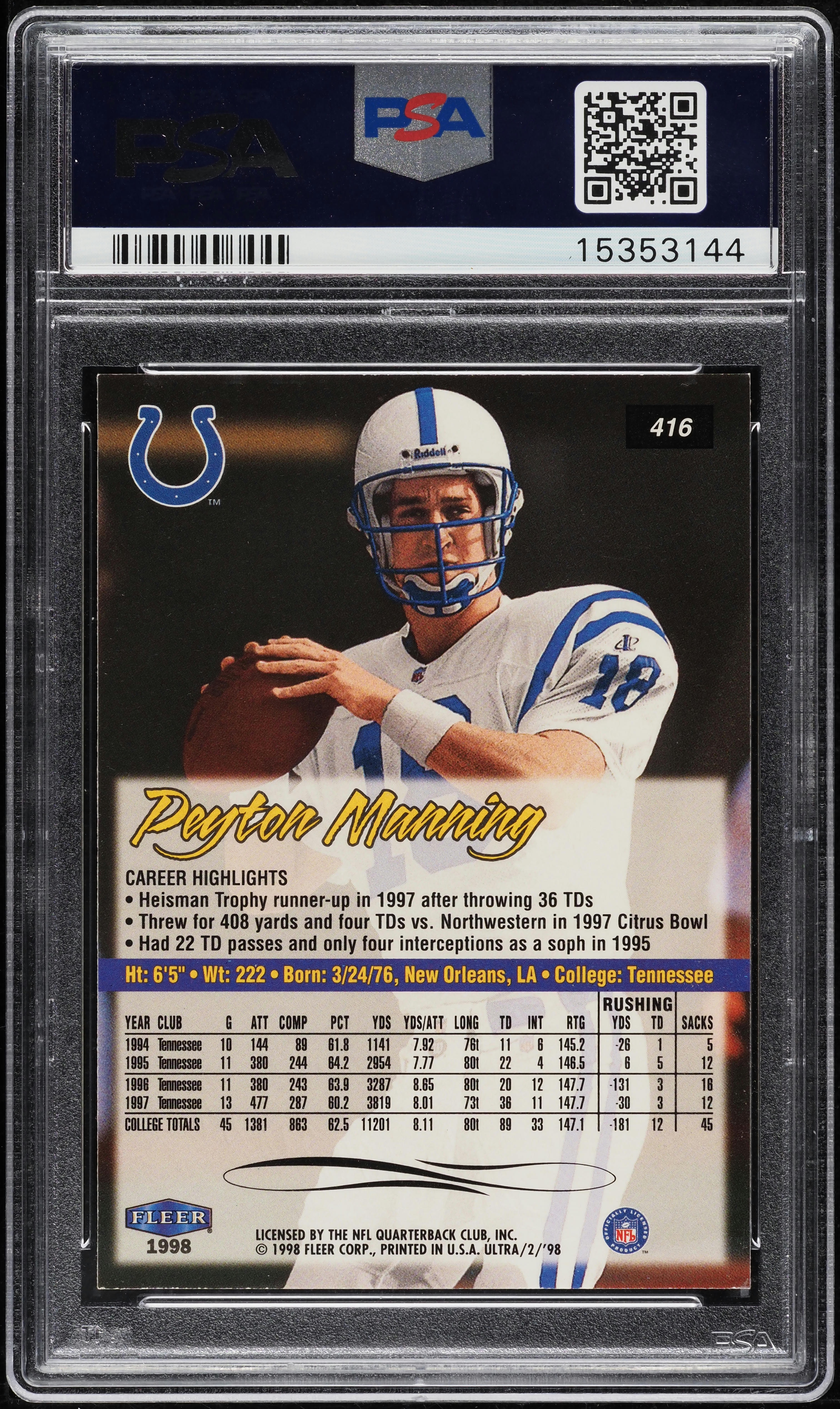 1998 Ultra Football Peyton Manning ROOKIE #416 PSA 10 GEM MINT on