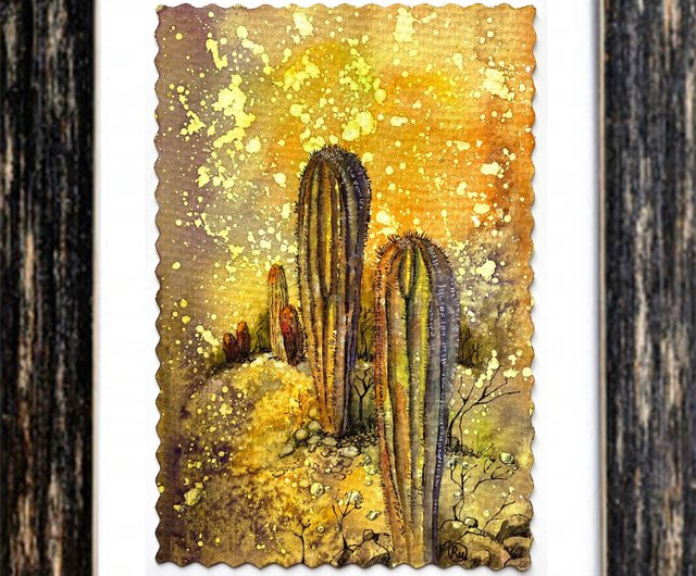 ロシア サボテンの絵砂漠オリジナルアート小さな水彩画ミニチュア