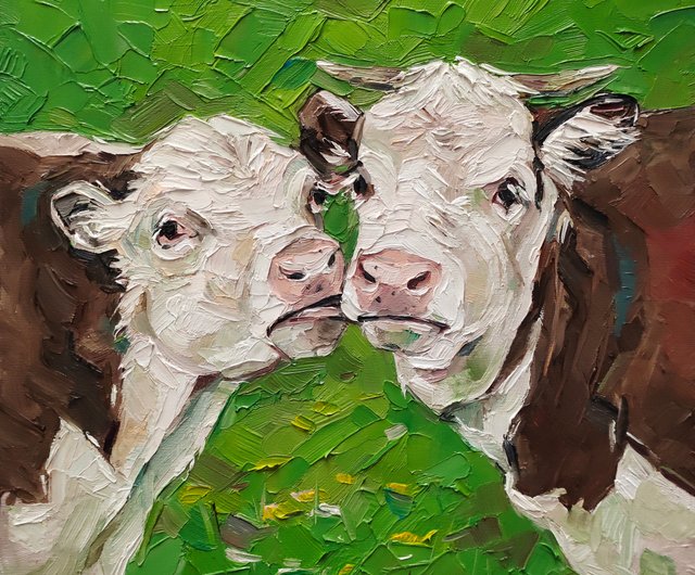 ロシア 農場の動物の絵牛オリジナルアート動物のアートワーク油絵農場