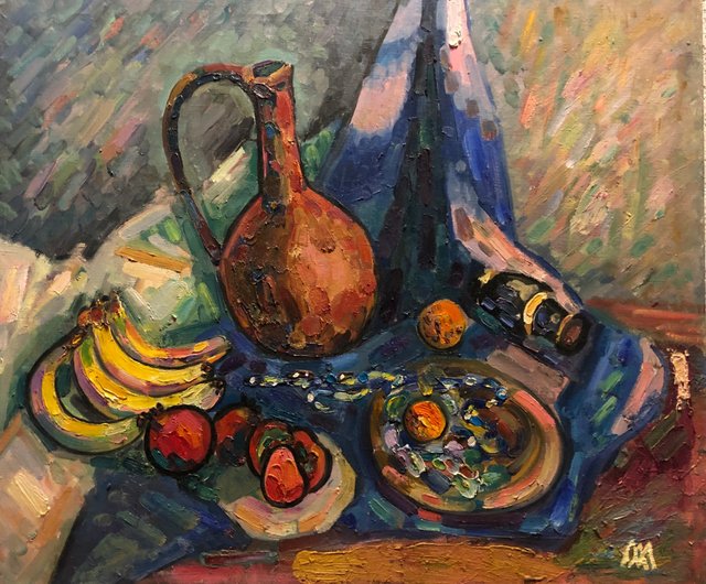 送料無料】ウクライナ 赤褐色の花瓶と果物を描いた静物画オリジナル