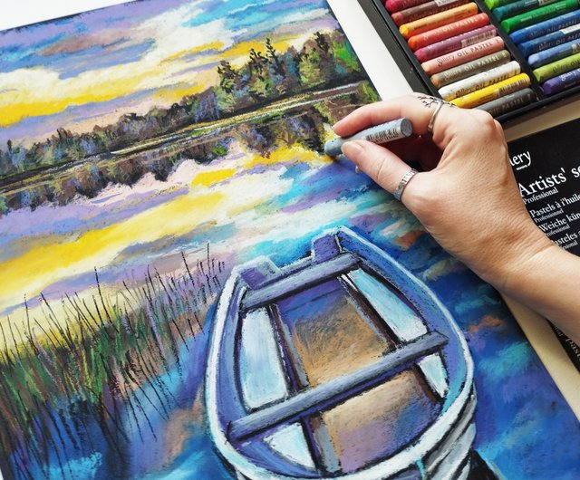 ロシア 川のボートに沈む夕日オイルパステル海景風景アート Nadinart