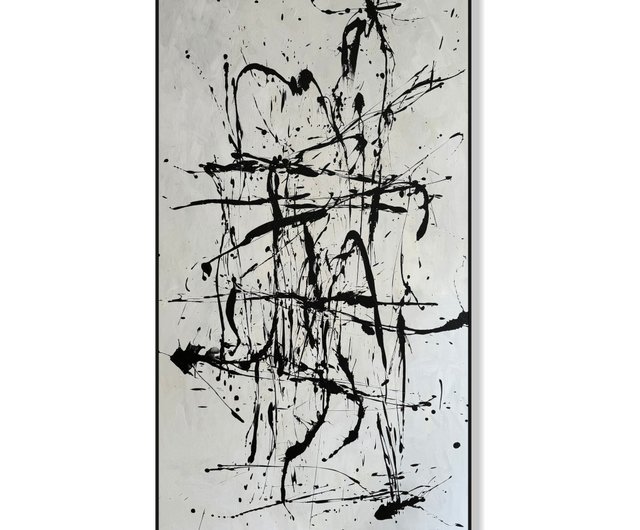 送料無料】スペイン モノクロ抽象アート 大きな白黒線画 モダンミニマ