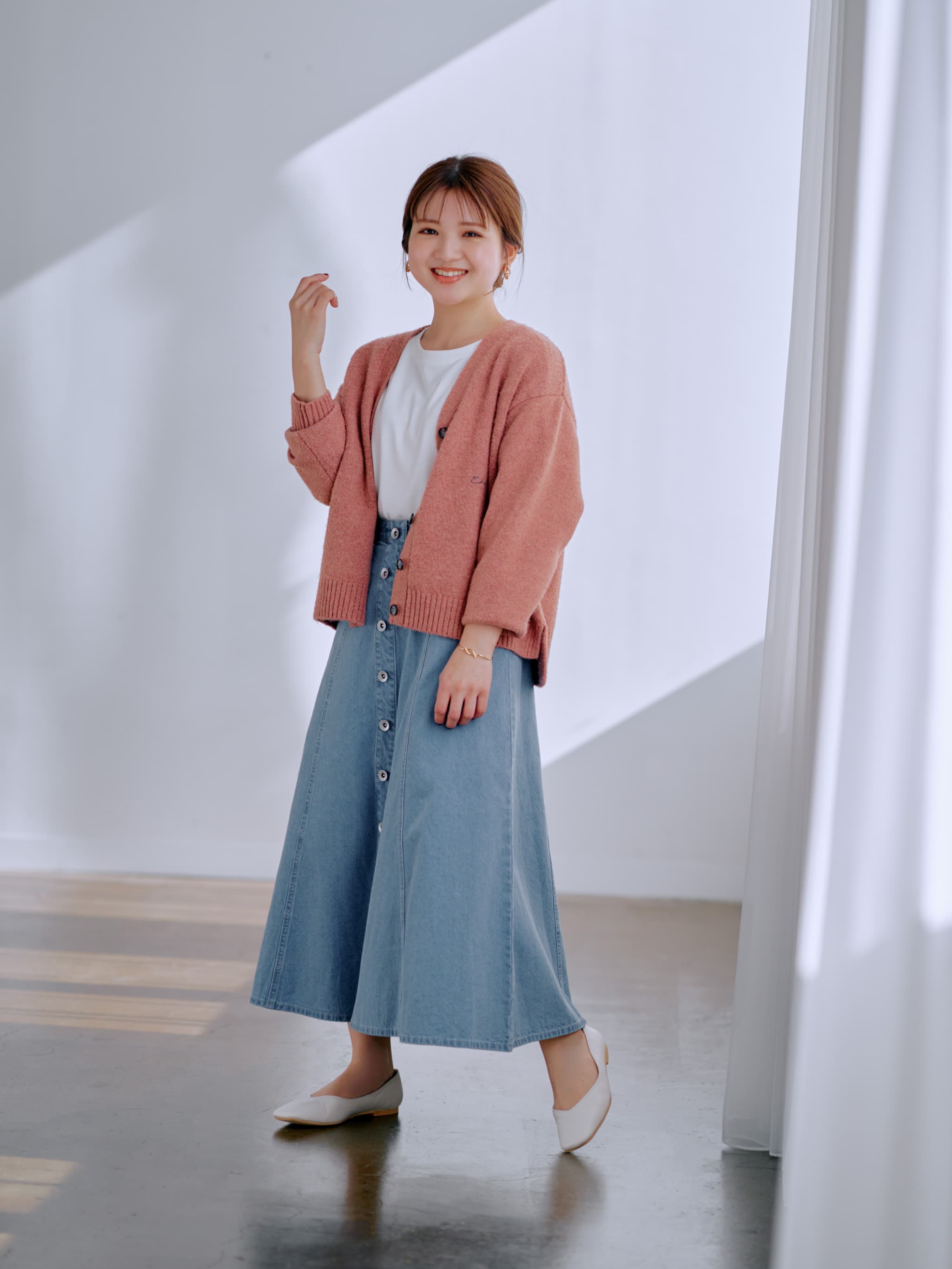 フロントボタンセミフレアデニムスカート-short & regular | 小柄・低