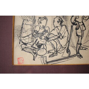 木村荘八 時代小説挿絵 肉筆原画 木村初枝鑑定額装 Z471｜骨董店