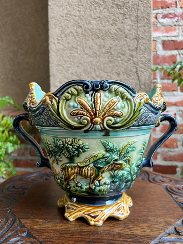 Antique French Majolica Jardinière Onnaing Tiger Monkey Jungle