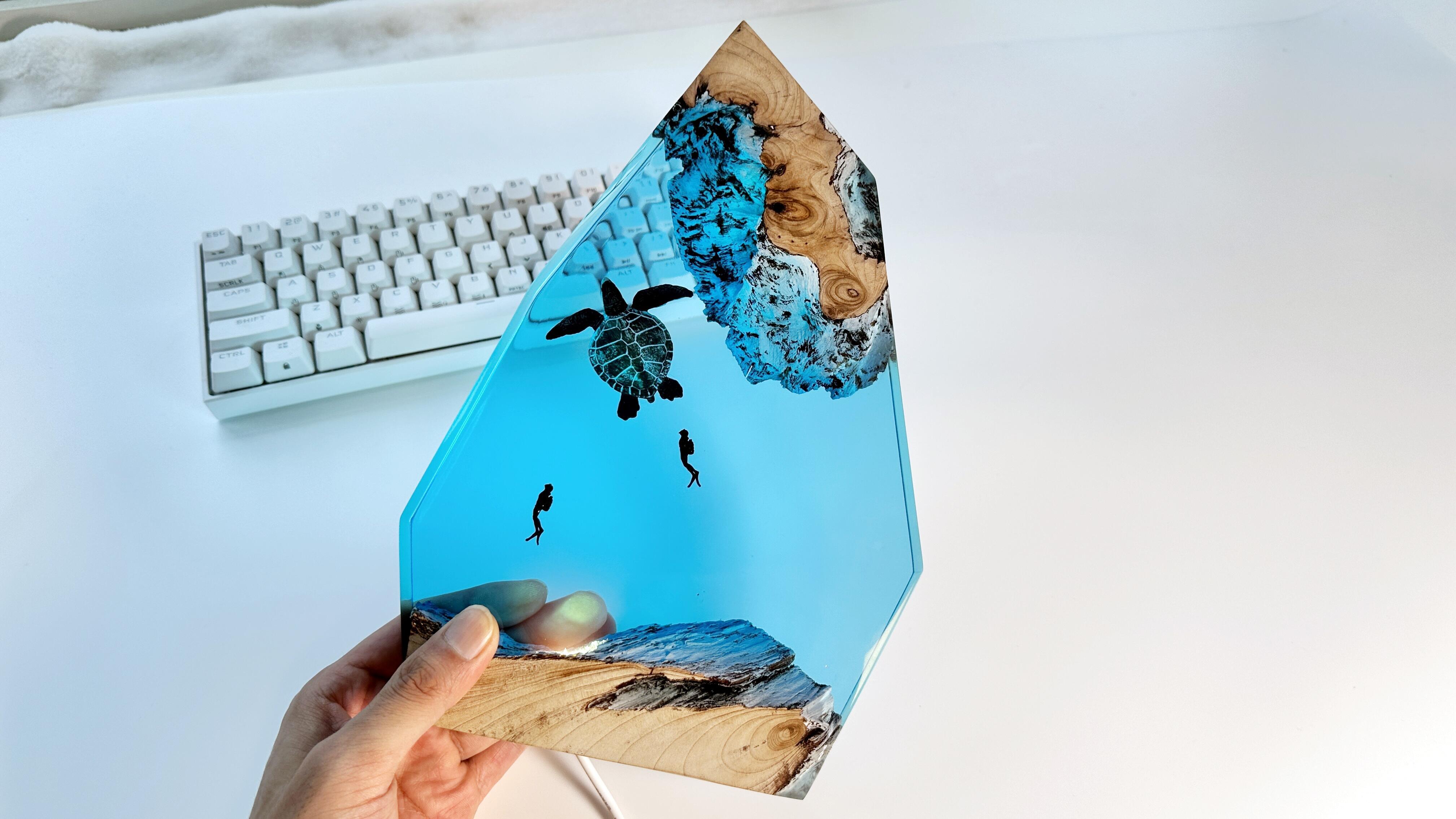 Turtle & Diver Epoxy Light, Wood Resin Ocean Cave Night Light Lamp