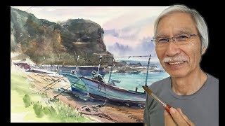 水彩画の基本〜岬と小さな漁港を描くコツ How to paint Cape and a