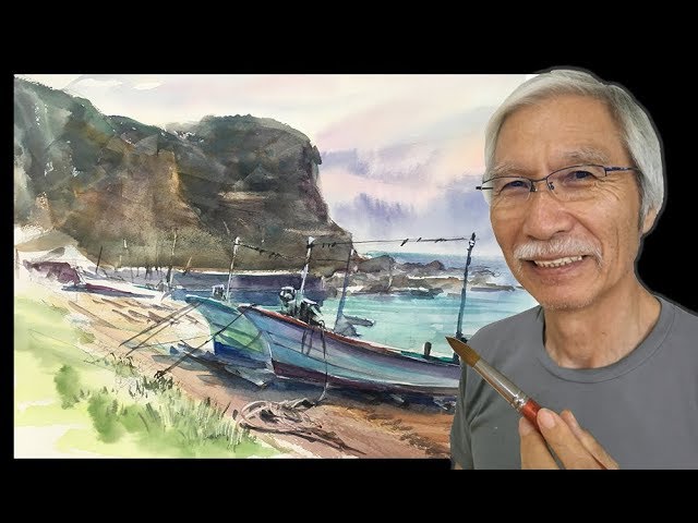 水彩画の基本〜岬と小さな漁港を描くコツ How to paint Cape and a