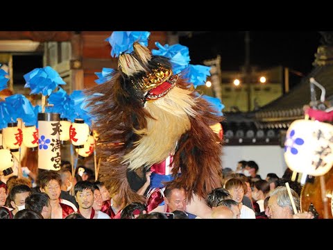 毛獅子荒々しく、笛と太鼓の音とともに夜の境内舞う 姫路・大塩天満宮
