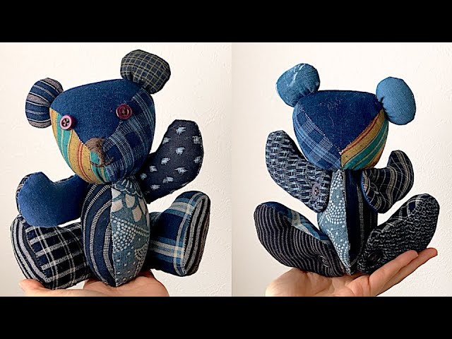 diy patchwork Teddy Bear with japanese boro fabric scrap 藍古布