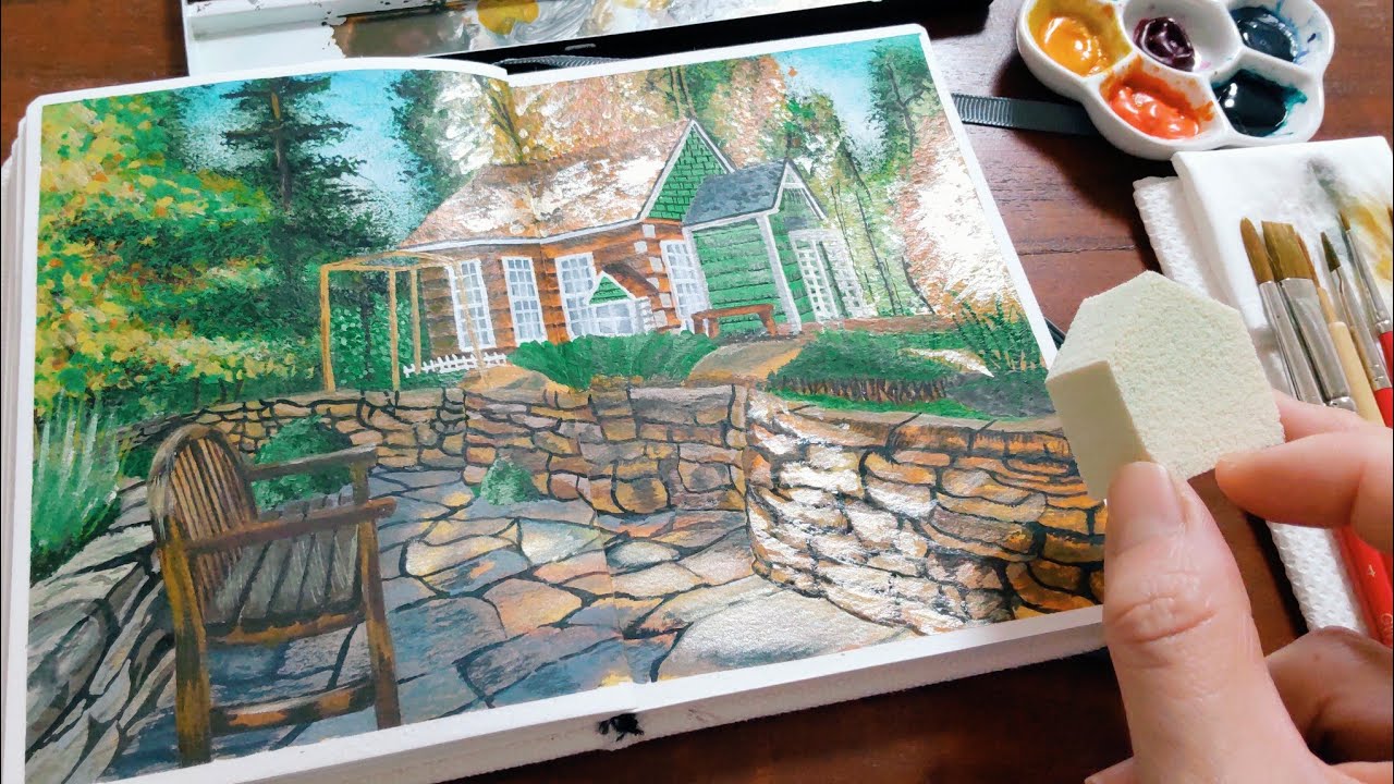 水彩画を始めて112日目／透明水彩で風景画を描く🍂石畳の道沿いに建つ