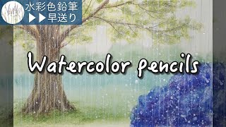 Drawing rainy park and hydrangea for beginners | Watercolor