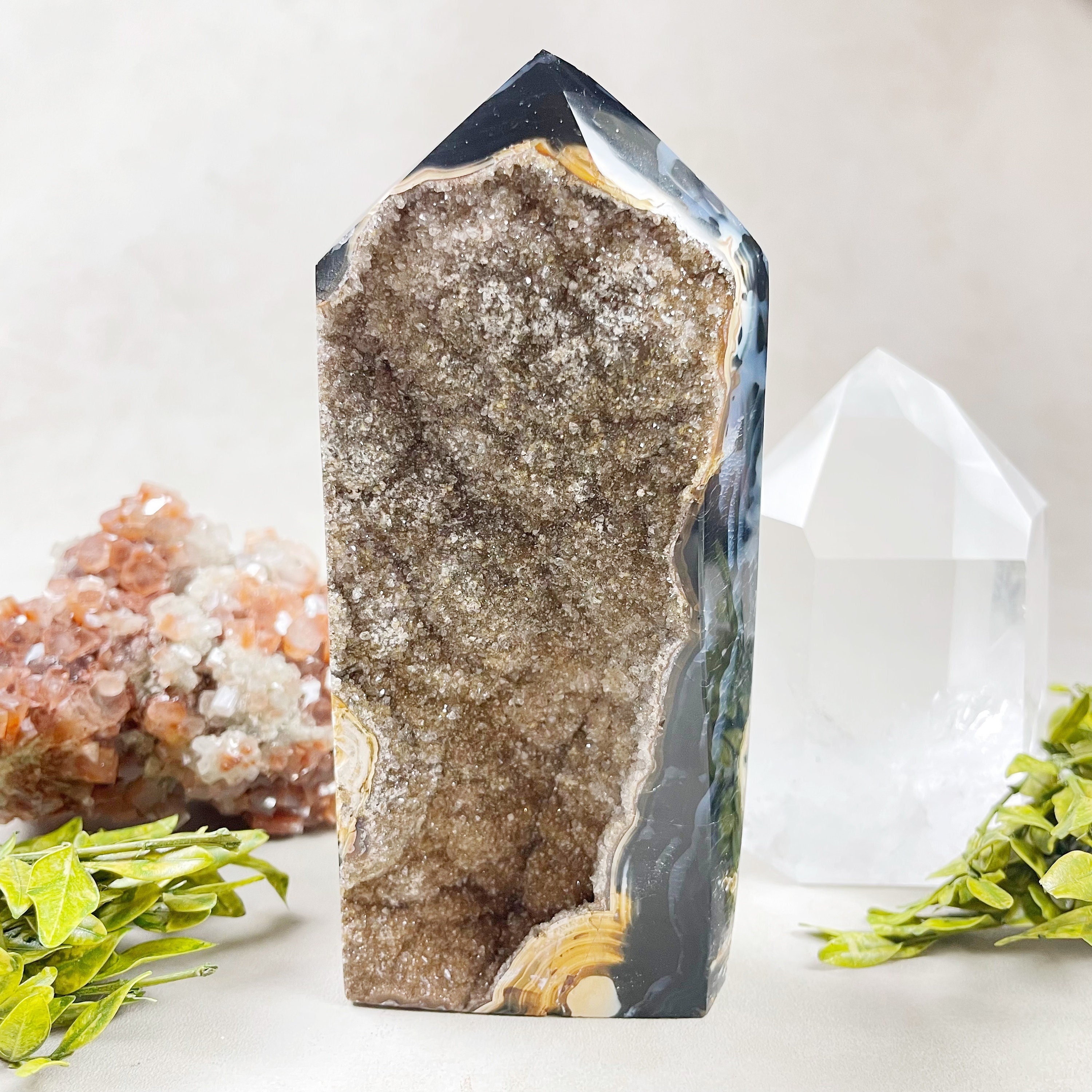 黒と茶色のドゥルージークォーツアゲートタワー（EPJ-HOP12-5） - Etsy