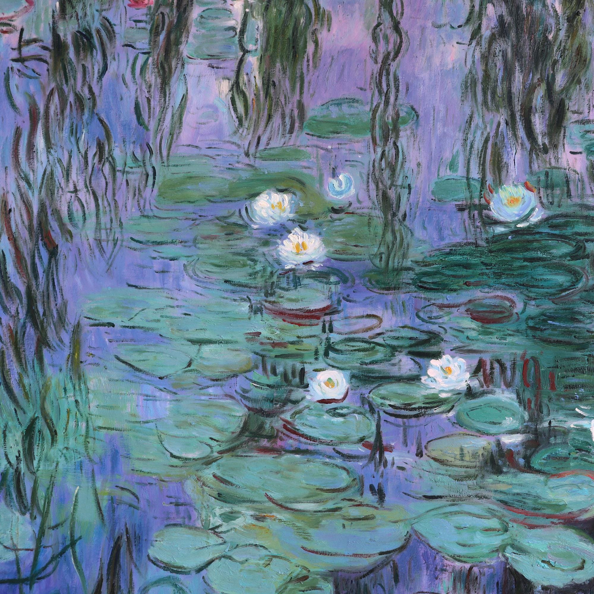 青い睡蓮 - クロード・モネの手描きの油絵のレプリカ、夜に浮かぶ花の