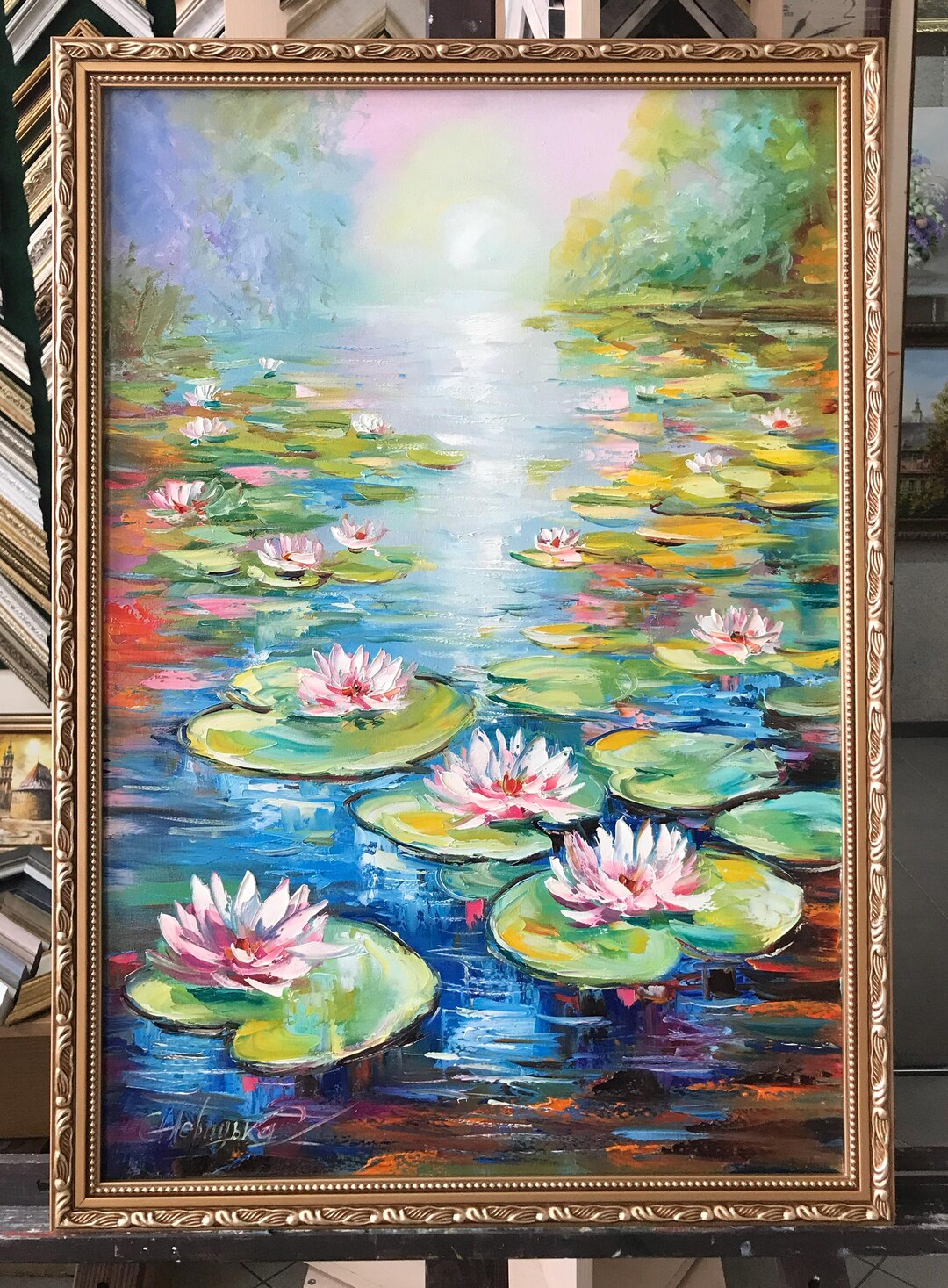 クロード・モネの絵画 オリジナル睡蓮の池のアート ピンクの蓮の花の