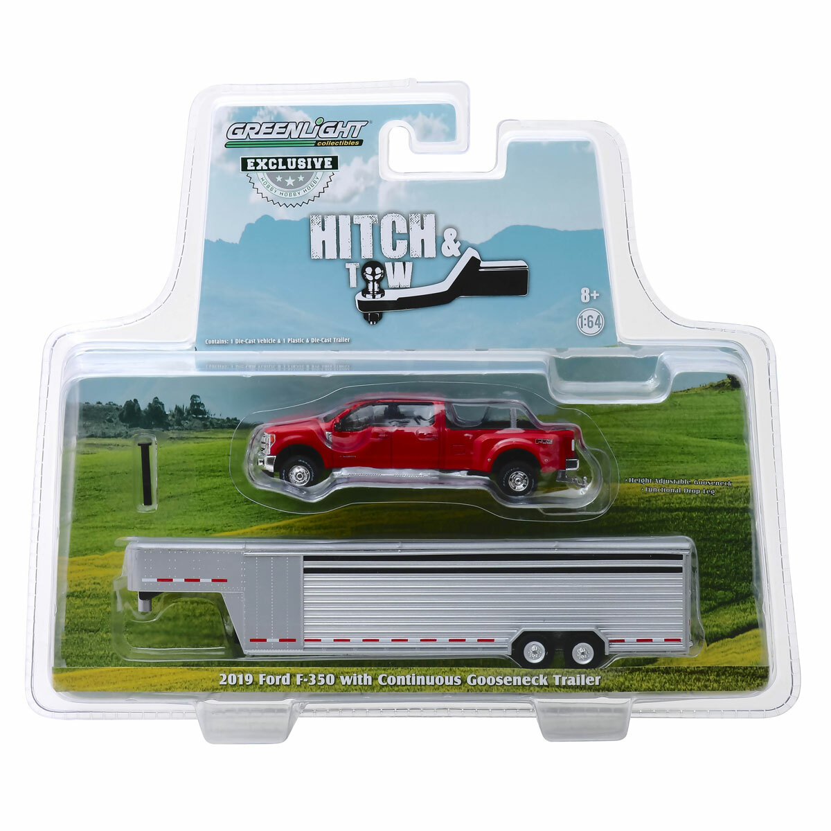 1:64 GreenLight RED 2019 Ford F350 Dually Pickup LIVESTOCK TRAILER