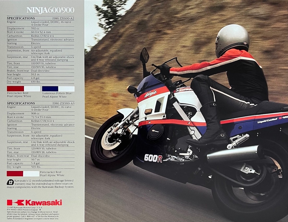 1986 Kawasaki Ninja 600/900 4-page brochure-literature-poster NOS