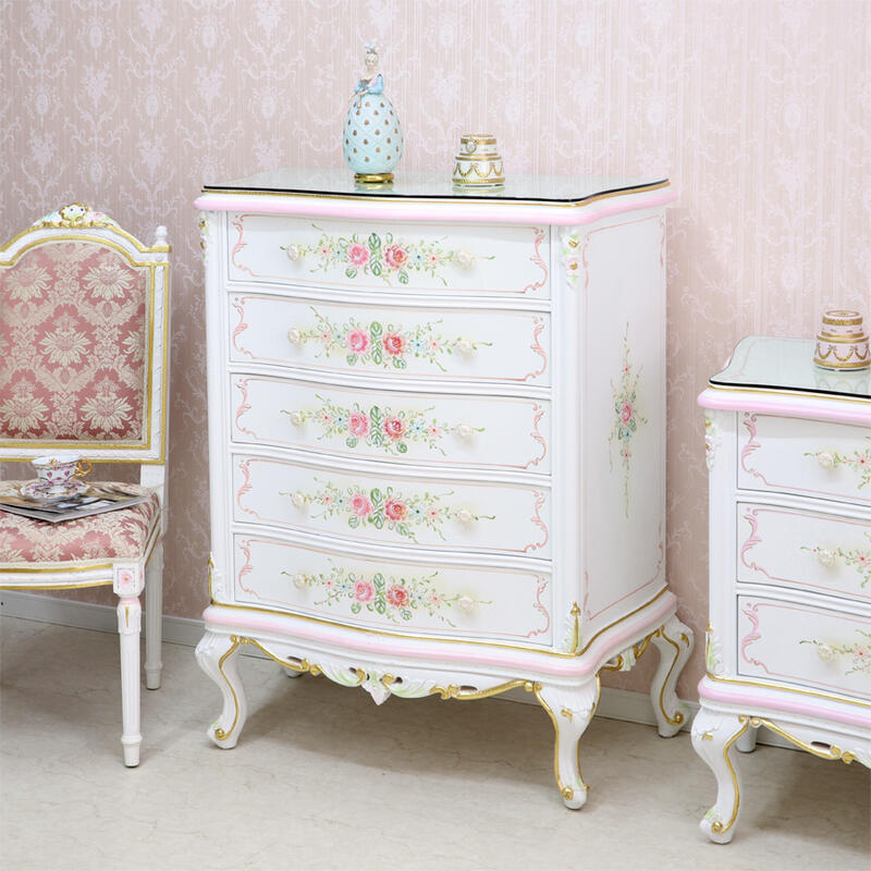 楽天市場】ガラス天板付き 5段チェスト ピンクラインロココ エレガント