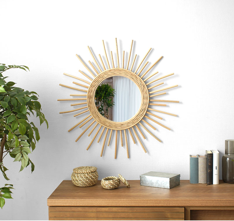 壁掛け ミラー ラタン製 太陽モチーフ テラス 【22-100018】｜激安