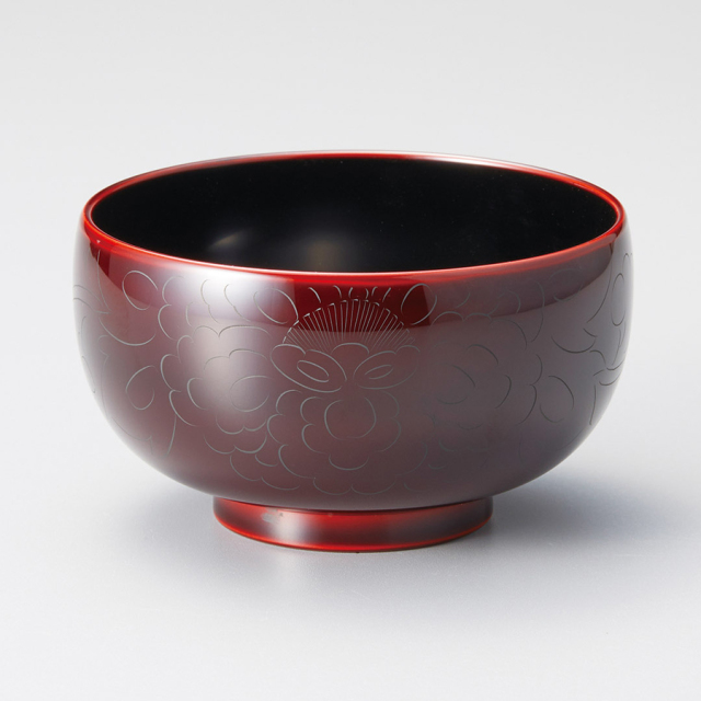 汁椀 牡丹彫 布袋 溜内黒 漆塗り 12-02201 漆器の井助