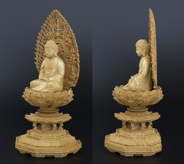 仏像 香木 八角台座 座釈迦 飛天 金泥書 3寸