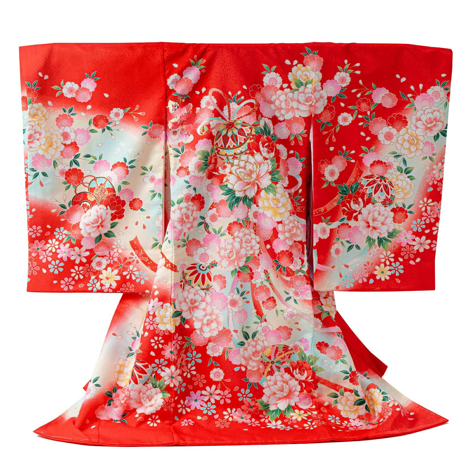 女の子のお宮参り産着 祝い着「赤 鞠と花束」一つ身 一ツ身 初着 お初