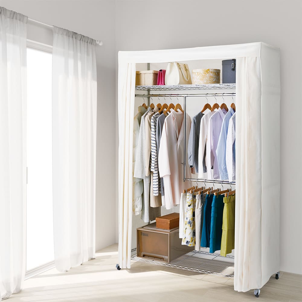 洗えるカバー付き 頑丈ハンガーラック 2段掛けハイタイプ・幅152cm