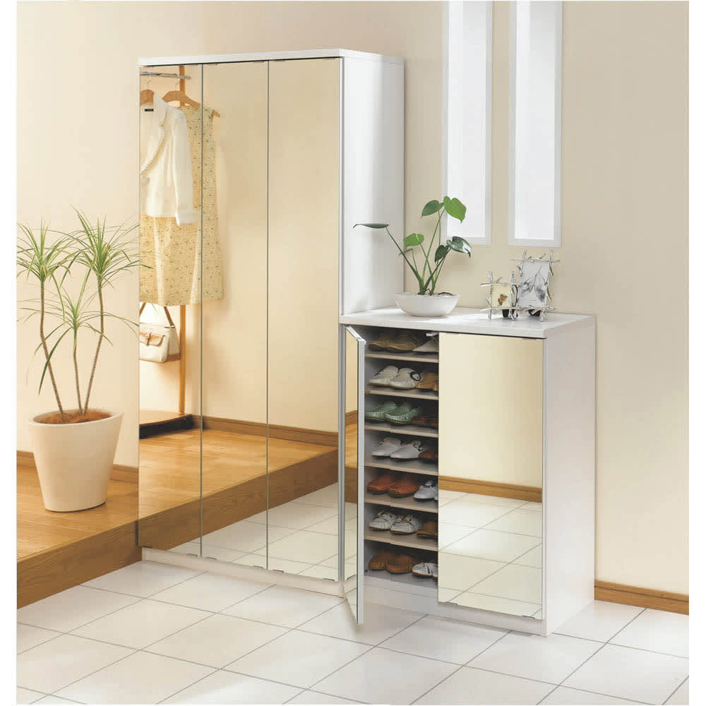 前面ミラー＆板戸シューズボックス ミドルタイプ・幅89.5 高さ93cm