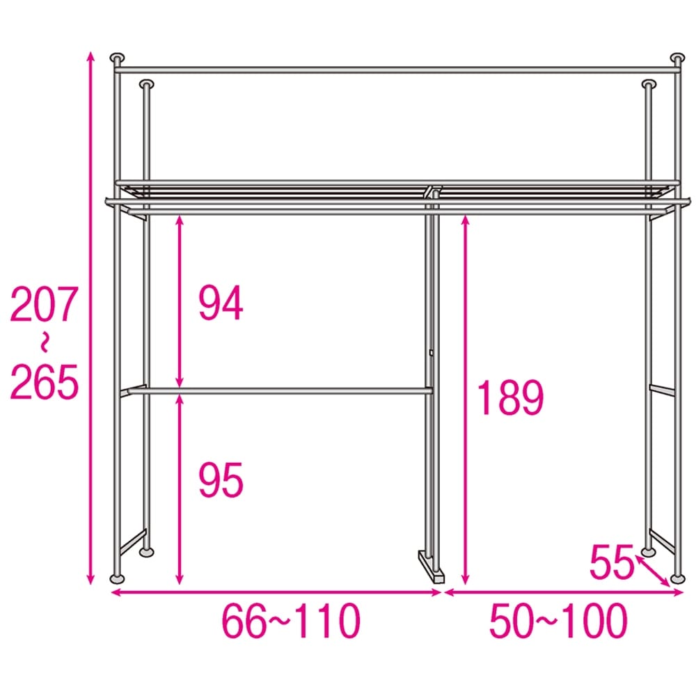 組立の労力を削減した頑丈突っ張りハンガー 幅伸縮タイプ（116～210cm