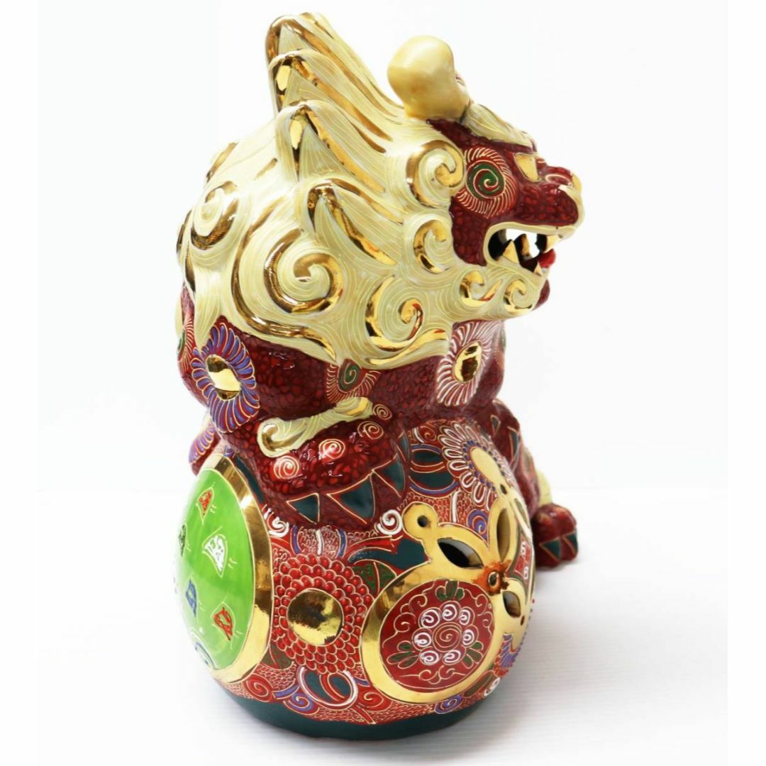 九谷焼 玉乗り獅子 双仙銘 開運 縁起置物 高さ約36cm 良好品 K6s147の