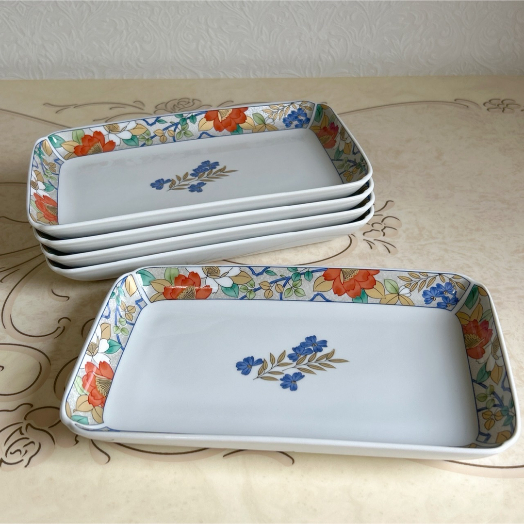 有田焼 - 有田焼 南風窯 銀彩花紋 長角皿揃 5枚セット 長皿 椿 色絵 古