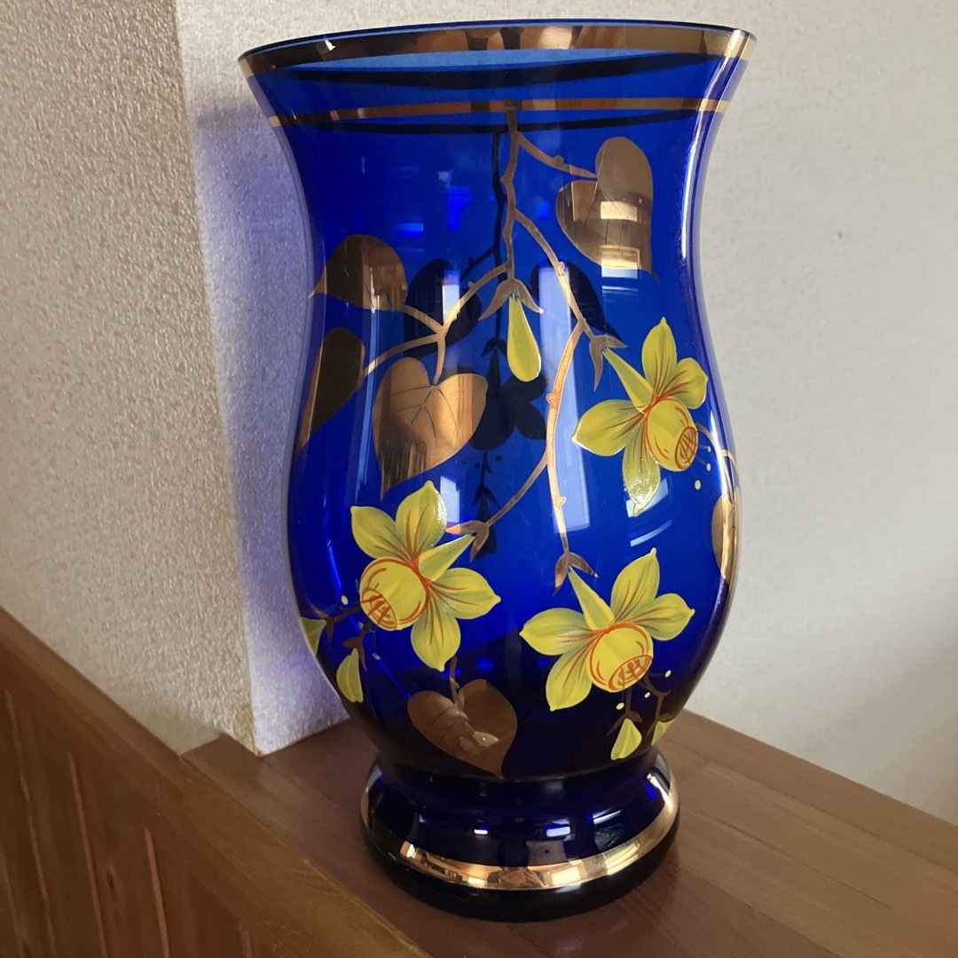 ボヘミアン ブルーパネルガラス金彩花瓶 Blue Panel Glass Vase with
