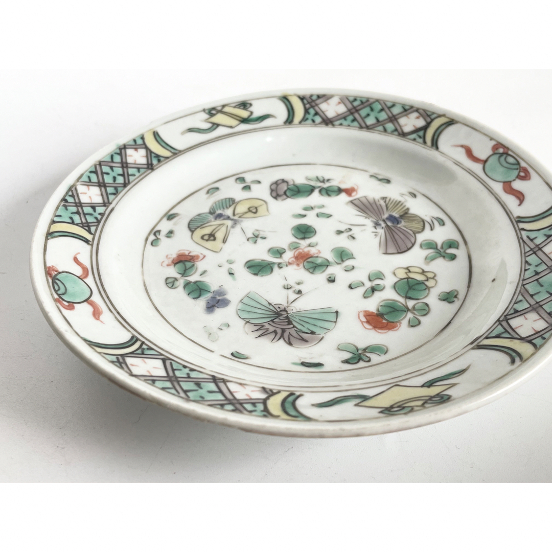 中国骨董 アンティーク 五彩 蝶々 宝文様 五寸皿 双魚印 中国 清朝