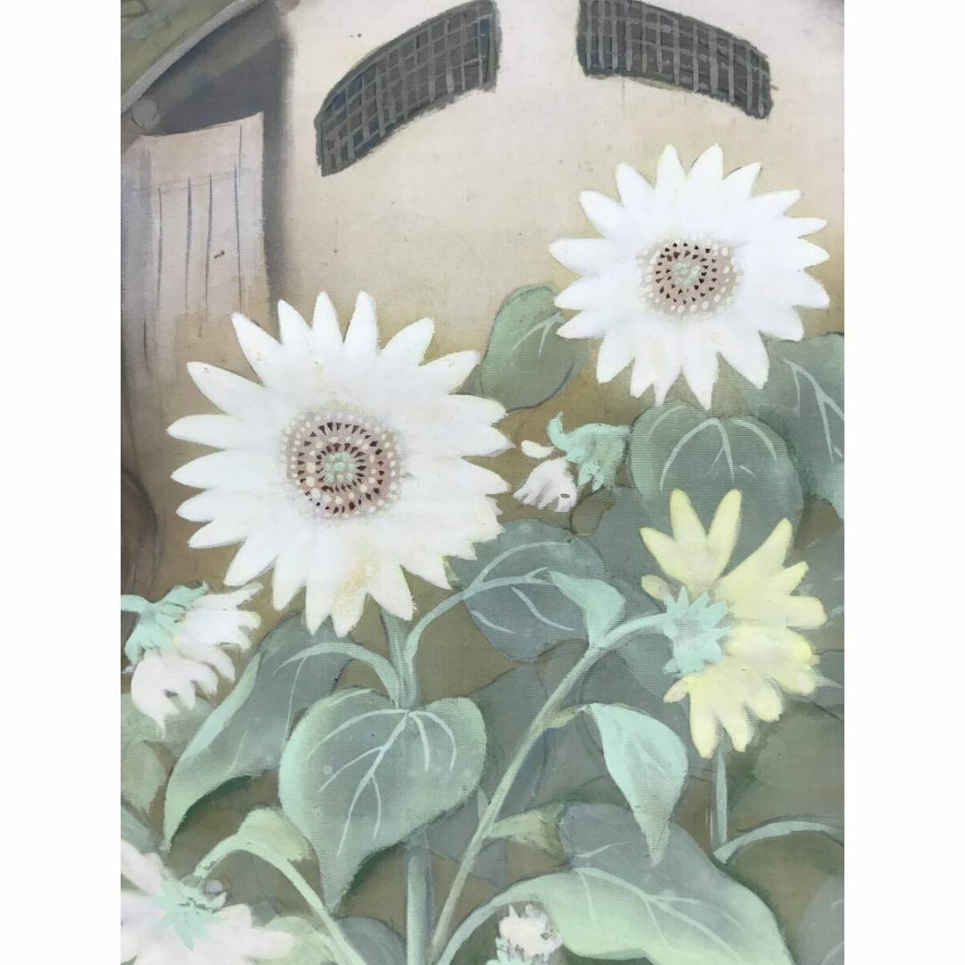 真作/弧邨/晩夏/夏山村風景図/馬にひまわり図/掛軸☆宝船