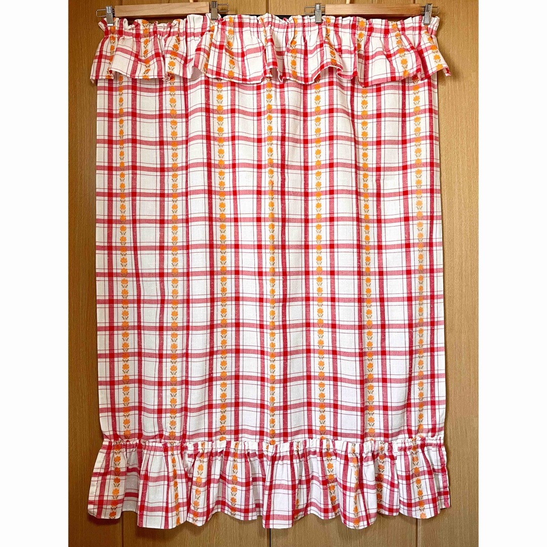 当時物 昭和レトロポップ カーテン 1枚 チェック柄 花柄 赤 白