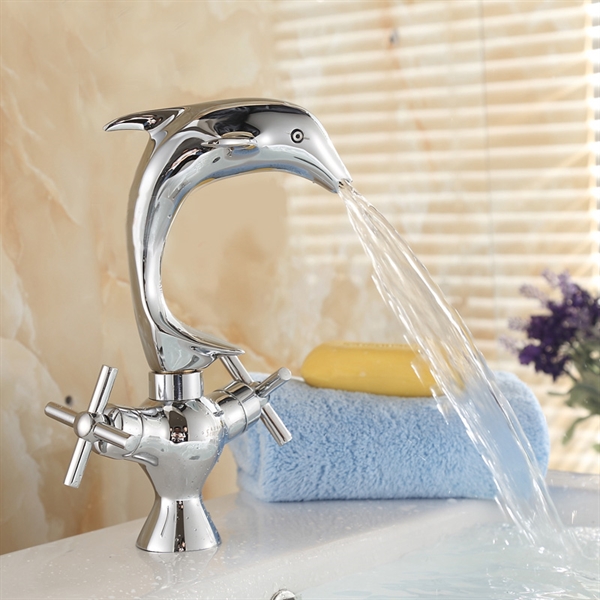 洗面蛇口 バス水栓 水道蛇口 冷熱混合栓 2ハンドル イルカ型 クロム